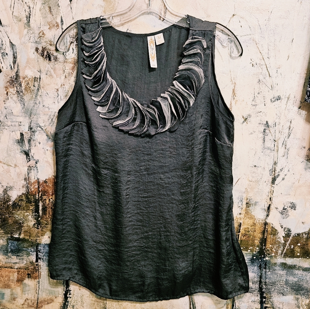 ADiva Gunmetal Poly Satin Ruffle Scoop Neck Sleeveless Tank Top W's Sz M